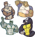 abs anthro belly big_muscles blush clothed clothing eyewear facial_hair gesture goggles group hand_gesture jewelry male musclegut muscular muscular_anthro muscular_male necklace nipples nude pecs simple_background slightly_chubby solo tail tattoo thumbs_up white_background punkjax mythology brubearbrown_(character) trauron bear dragon hyena mammal mustelid mythological_creature mythological_scalie otter scalie spotted_hyena hi_res multiple_images