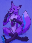 anthro biped eating food fruit fur grape looking_at_viewer male nude plant purple_body purple_fur simple_background sitting solo tail amara_telgemeier syfaro canid canine fox mammal 2016 purple_theme