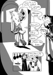 anthro clothing cookware dialogue door doorway fangs female frying_pan group kitchen_utensils male markings open_mouth pajamas profanity scar sink striped_markings striped_tail stripes sweater tail tail_markings teeth text tired tools topwear trio turtleneck walking window yawn dragonweirdo cyberconnect2 little_tail_bronx solatorobo chocolat_gelato elh_melizee red_savarin canid caninu felid felineko mammal absurd_res black_and_white comic english_text hi_res monochrome trans_(lore) trans_man_(lore)