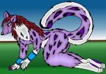 anthro anus biped breasts female genitals jewelry kneeling nude presenting pussy simple_background solo valfen aya felid leopard mammal pantherine snow_leopard hi_res