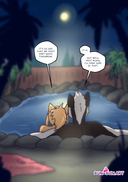 anthro black_hair black_nose dialogue duo female fence fur green_eyes hair hot_spring male moon multicolored_body multicolored_fur night nipples onsen orange_body orange_fur partially_submerged pink_nose plant speech_bubble text towel towel_only tree two_tone_body two_tone_fur water wet wet_body wet_fur white_body white_fur white_hair bunbun_(artist) canid canine canis domestic_cat felid feline felis mammal wolf english_text hi_res