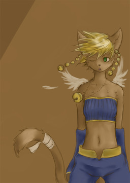 bandage bell blonde_hair clothed clothing feathered_wings feathers female green_eyes hair jewelry midriff navel necklace one_eye_closed open_mouth piercing short_hair solo tail wind wings celestine legend_of_mana mana_(series) square_enix daena domestic_cat felid feline felis mammal