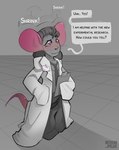 anthro bottomwear clothing coat dialogue female floor holding_object lab_coat looking_up necktie pants shrinking size_transformation solo tail text topwear transformation whiskers krim_hue mammal mouse murid murine rat rodent 2023 absurd_res digital_media_(artwork) english_text hi_res