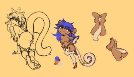 anus blue_hair breasts butt choker curled_tail dark_body dark_skin ear_piercing eyeshadow feet female fur genitals hair jewelry long_hair long_tail makeup mane necklace piercing presenting presenting_hindquarters red_eyes simple_background smile solo tail tan_body tan_fur vulva sugarbandit haplorhine mammal monkey primate flat_colors model_sheet sketch_page