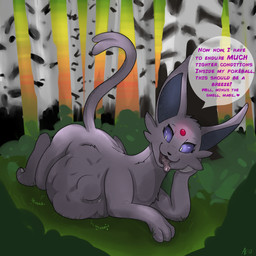 abdominal_bulge ambiguous_gender belly big_belly bodily_fluids bodily_noises bold_text burble_(sound_effect) detailed_background dialogue different_sound_effects extended_sound_effect female female_pred feral feral_pred forehead_gem forest fur gem glowing heart_after_text heart_symbol looking_down onomatopoeia open_mouth plant purple_body purple_eyes purple_fur rumbling_stomach saliva sky smile solo sound_effect_variant sound_effects speech_bubble sunset talking_to_another talking_to_prey teasing text text_emphasis text_with_heart tongue tongue_out tree vore pippuri nintendo pokemon eeveelution espeon felid feline generation_2_pokemon mammal pokemon_(species) 1:1 absurd_res english_text hi_res