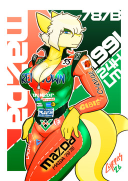 anthro blonde_hair blue_eyes breasts cleavage clothed clothing eyeshadow female glistening glistening_clothing hair hands_on_hips looking_at_viewer makeup mazda_787b medium_breasts non-mammal_breasts solo thick_thighs wide_hips yellow_body carrus bilstein brembo cibie dunlop mazda rays_engineering renown savanna_(wankelshark) aquatic fish shark absurd_res hi_res