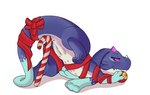 anthro anus ass_up belly belly_markings blue_body blue_fur blue_hands blue_legs blue_tail bow_(feature) butt candy christmas_clothing clothing dessert feet female feral floppy_ears food fur genitals gloves_(marking) half-closed_eyes holidays horn looking_at_viewer lying markings narrowed_eyes nude pink_spots purple_horn purple_sclera pussy raised_tail scarf simple_background smile solo spots spotted_markings spread_legs spreading tail tapering_tail toes white_background jaynt christmas mythology so_i'm_a_spider_so_what? feirune dragon earth_wyrm mythological_creature mythological_scalie scalie hi_res