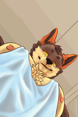 alexandros_(davias00) anthro clothing male nipples pecs simple_background smile solo davias00 canid canine canis coyote mammal digital_media_(artwork) hi_res