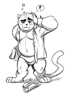 anthro blush bulge clothed clothing collared_shirt dress_shirt drunk eyebrows fur male musclegut muscular muscular_anthro muscular_male open_clothing open_shirt open_topwear overweight overweight_anthro overweight_male partially_clothed question_mark shirt slightly_chubby solo substance_intoxication topwear underwear barabarino_(artist) aggretsuko sanrio manumaru felid feline mammal pallas's_cat 2018 absurd_res greyscale hi_res monochrome