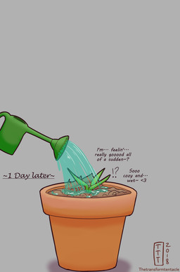 dialogue exclamation_point grey_background offscreen_character plant plant_pot plant_transformation potted_plant pottery question_mark simple_background text unaware_transformation watering watering_can zero_pictured thetransformtentacle elemental_creature flora_fauna 2018 english_text