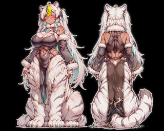 5_fingers ahoge animal_arms animal_ears armwear bare_shoulders big_breasts black_background black_clothing black_topwear blue_claws blue_eyes blue_nails blush breasts claws clothed clothed_female clothed_taur clothing colored_nails cutout dark_body dark_skin detached_sleeves female fingers front_and_back fur hair huge_breasts inner_ear_fluff markings nails navel navel_cutout pigtails quadruped simple_background solo striped_body striped_markings striped_tail stripes tail tail_markings taur_clothing topwear tuft white_body white_fur white_hair a.white felid felid_taur feline feline_taur humanoid_taur mammal mammal_taur taur absurd_res hi_res