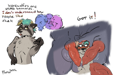 animal_genitalia animal_penis anthro balls black_body black_fur blue_hair bodily_fluids canine_genitalia canine_penis cheek_tuft chest_tuft dripping empty_eyes erection facial_tuft front_view fur genital_fluids genitals glistening glistening_eyes glistening_hair grey_balls grey_body grey_fur group hair knot male messy_hair mouth_closed narrowed_eyes nude open_mouth penis precum precum_drip profanity red_penis short_hair silly simple_background solo_focus sudden text tuft vein veiny_penis white_background famir mythology canid canine canis mammal mythological_canine mythological_creature procyonid raccoon werecanid werecanine werecreature werewolf wolf 2022 3:2 colored_sketch dated english_text hi_res signature sketch
