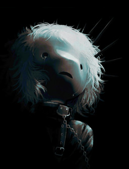ambiguous_anthro ambiguous_gender anthro black_background black_spikes bodily_fluids bound chain chained collar_chain crying fur head_spikes latex_straitjacket open_mouth realistic realistic_lighting realistic_shading restraints simple_background solid_circle_eyes solo spikes spikes_(anatomy) straitjacket tears white_body white_fur jejejunum mumble_(jejejunum) demon fraid_(species) bust_portrait digital_media_(artwork) digital_painting_(artwork) hi_res painting_(artwork) portrait