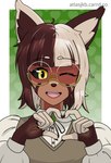 ahoge anthro black_nose black_sclera blonde_hair brown_body brown_clothing brown_fur brown_hair claws clothing collared_shirt countershading eyewear facial_markings female fingerless_(marking) fur gem gesture glasses hair head_markings heart_gesture heart_symbol inner_ear_fluff jewelry looking_at_viewer markings mask_(marking) messy_hair multicolored_hair one_eye_closed open_mouth round_glasses shirt simple_background smile solo teeth topwear tuft two_tone_hair vest white_clothing wink winking_at_viewer yellow_eyes atlas_jkb rae_(atlas_jkb) ailurid mammal red_panda hi_res shaded signature watermark