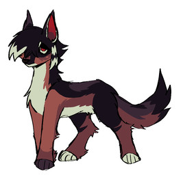 ambiguous_gender black_hair black_markings brown_body brown_fur cheek_dots cheek_spots coontail_hair countershading dipstick_tail emo_haircut facial_markings feral fur gloves_(marking) hair head_markings highlights_(coloring) leg_markings markings multicolored_body multicolored_fur no_pupils red_eyes simple_background socks_(marking) standing tail tail_markings white_background white_markings vedacia jasper_(wastepaw) canid canine canis coyote domestic_dog herding_dog hybrid malinois_dog mammal pastoral_dog sheepdog 2026 aliasing binary_drawing digital_drawing_(artwork) digital_media_(artwork)