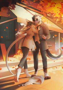 anthro black_hair brown_hair clothed clothing duo eyes_closed female female_anthro hair male male_anthro mouth_closed orange_body outside purple_body red_eyes standing tail tail_tuft text tuft white_hair unknowhiter mythology dragon mythological_creature mythological_scalie scalie 2024 absurd_res artist_name dated hi_res