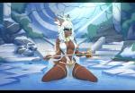 anthro antlers biped black_bars blue_eyes bracelet breasts brown_nose clothed clothing detailed_background eyelashes female hair headgear headwear holding_object holding_weapon horn inner_ear_fluff jewelry kneeling midriff navel necklace skimpy snow solo tuft water weapon white_hair here-kitty-kitty ohiri deer mammal 2018 digital_media_(artwork)