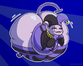 belly big_belly big_butt butt clothed clothing femboy hat headgear headwear huge_butt huge_hips huge_thighs hyper hyper_butt hyper_hips hyper_thighs jester legwear male not_furry outline ruff_(clothing) sharp_teeth simple_background smile solo stockings teeth thick_thighs white_outline wide_hips sephaloid deltarune undertale_(series) jevil_(deltarune) darkner humanoid 2020 5:4 aliasing digital_media_(artwork)