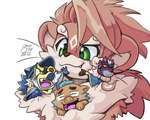 anthro blush brown_body brown_fur chibi eyebrows fluffy_chest fur green_eyes group male thick_eyebrows aun61 lifewonders tokyo_afterschool_summoners ganglie_(tas) horus_(tas) otter_(tas) turing_(tas) accipitrid accipitriform avian bird mammal mustelid otter suid suine sus_(pig) wild_boar 5:4