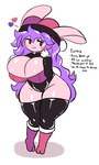 anthro big_breasts blush breasts cleavage clothed clothing fangs female fool's_hat fur hair hat headgear headwear heart_symbol huge_breasts huge_thighs long_hair pink_body pink_fur profanity purple_hair shadow simple_background simple_eyes smile solo standing teeth text thick_thighs wide_hips woebeeme eurora_(woebeeme) lagomorph leporid mammal rabbit absurd_res english_text hi_res model_sheet