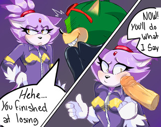 anthro blush dialogue disembodied_penis duo erection female forehead_gem gem genitals male male/female penis penis_on_face text zipper mayghely archie_comics sega sonic_the_hedgehog_(archie) sonic_the_hedgehog_(comics) sonic_the_hedgehog_(series) blaze_the_cat scourge_the_hedgehog domestic_cat eulipotyphlan felid feline felis hedgehog mammal 2023 english_text hi_res