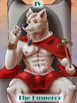 abs anthro black_nose brown_eyes bulge card card_template chair cheek_tuft clothed clothing emperor facial_tuft fangs fortune_telling fur furniture jewelry looking_at_viewer major_arcana male muscular muscular_anthro muscular_male nipple_piercing nipple_ring nipples pecs piercing pink_inner_ear ring_piercing royalty simple_background sitting solo tarot tarot_card teeth the_emperor_(tarot) throne tuft white_body white_ears white_fur hermesdidit canid canine canis mammal wolf 3:4 hi_res sketch