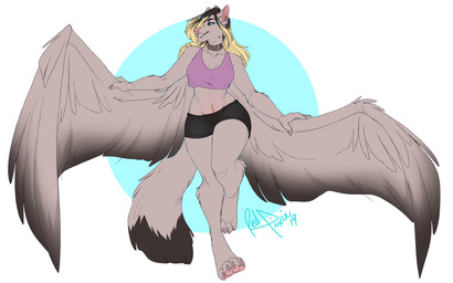 alternate_species anthro clothed clothing collar ear_piercing ear_ring facial_piercing feathered_wings feathers female fur hair lip_piercing lip_ring piercing ring_piercing smile solo standing wide_hips wings redpixie keila_(newguy12354) canid canine canis mammal wolf 16:10 2019 absurd_res hi_res signature widescreen