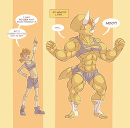 5_fingers 5_toes abs anthro athletic_wear big_muscles body_size_growth bottomwear bra breasts clothed clothing dialogue exercise facial_horn feet female fingers footwear grey_bottomwear grey_clothing grey_footwear grey_shoes grey_shorts growth hair horn human_to_anthro muscle_growth muscular muscular_anthro muscular_female non-mammal_breasts nose_horn open_mouth open_smile raised_arm shoes short_hair shorts simple_background size_transformation smile socks solo species_transformation speech_bubble sports_bra standing tail text toes topwear torn_clothing transformation transformation_sequence underwear wardrobe_malfunction white_clothing white_footwear white_socks workout workout_clothing hukeng cc-by-nc-sa creative_commons ceratopsian ceratopsid chasmosaurine dinosaur human humanoid mammal marginocephalian ornithischian prehistoric_species reptile scalie triceratops 2022 digital_media_(artwork) english_description english_text hi_res sequence