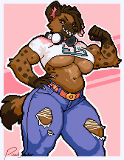 anthro belly bottomwear breasts clothing colored_nails denim denim_bottomwear denim_clothing dreadlocks electronics female flexing headphones headphones_around_neck jeans jersey muscular muscular_female nails pants shirt smile smirk solo topwear torn_bottomwear torn_clothing torn_jeans torn_pants under_boob pixelguzzler hyena mammal digital_media_(artwork) hi_res pixel_(artwork)