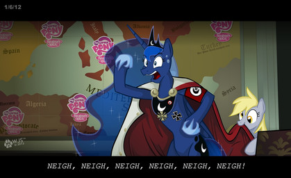 blonde_hair blue_body blue_feathers blue_hair cape clothing crown cutie_mark duo feathered_wings feathers female feral hair headgear horn humor map nazi parody pun royalty standing text wings wolfjedisamuel friendship_is_magic hasbro my_little_pony mythology derpy_hooves_(mlp) princess_luna_(mlp) equid equine horse mammal mythological_creature mythological_equine pony winged_unicorn 2013 english_text