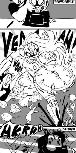 anthro bodily_fluids dialogue female fur group hair male midriff navel tears text fuf doom_(series) id_software microsoft doom_slayer fuf_(character) sicmop_(character) bear felid hybrid leopard mammal pantherine 2025 absurd_res comic english_text greyscale hi_res monochrome