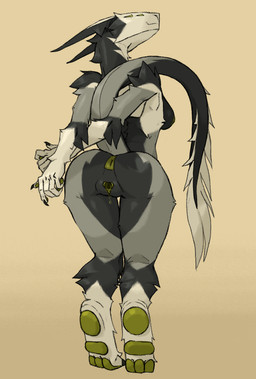 4_eyes anthro anus black_body black_fur bodily_fluids breasts claws female fur genital_fluids genitals grey_body grey_fur hands_behind_back long_ears multi_eye nude pawpads raised_tail smile smirk solo tail vaginal_fluids vulva white_body white_fur kofomy absurd_res hi_res