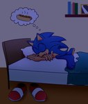 2024 4_toes anthro barefoot bedding blanket blue_body blue_fur bookshelf chili_dog claws eulipotyphlan eyes_closed feet food fur furniture hedgehog hi_res hot_dog jeffydust male mammal open_mouth paws pillow sega shoes_removed sleeping solo sonic_the_hedgehog sonic_the_hedgehog_(series) thought_bubble toes