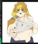 anthro blonde_hair blue_eyes clothed clothing clothing_lift floppy_ears glare hair jewelry looking_at_viewer male navel necklace shirt shirt_lift solo tank_top topwear 725_hn lifewonders live_a_hero hisaki_(live_a_hero) canid canine canis domestic_dog mammal