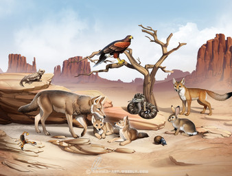 4_toes ambiguous_gender beak brown_body brown_fur copyright_symbol day desert detailed_background feet feral fur group lying mountain outside paws plant sitting sky standing symbol toes tree young young_feral aomori accipitrid accipitriform arachnid arthropod avian beetle bird canid canine canis coyote fox hare insect lagomorph leporid mammal scorpion 2020 digital_media_(artwork)