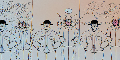 anthro blush bodily_fluids clothing cold duo embarrassed hidden_vibrator looking_pleasured male male/male motion_lines sex_toy smile standing sweat text trapper_hat vibrator wind winter faroutboy asher_(jordo) jerry_(jordo) hybrid comic hi_res