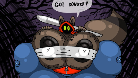 ambiguous_gender anthro baseball_bat bat_(object) big_breasts big_butt big_nipples big_tail bottomwear breasts butt clothing forest forest_background hoodie huge_breasts huge_butt huge_nipples hyper hyper_breasts hyper_butt hyper_nipples nature nature_background nipples pants plant solo speech_bubble tail text thick_thighs topwear tree zipper dahliathefox donuts_for_deer_teeth hoodie_(dfdt) mammal procyonid raccoon 16:9 english_text hi_res widescreen