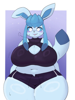 :3 anthro anthrofied belly big_belly big_breasts blue_body blue_hair blue_sclera blush blush_lines bodily_fluids bottomwear breasts cleavage_cutout clothing cutout female hair huge_breasts huge_thighs midriff navel overweight overweight_anthro overweight_female pear-shaped_figure shorts smile solo standing sweat tail thick_thighs tongue tongue_out topwear white_eyes wide_hips inazuma_kat nintendo pokemon eeveelution generation_4_pokemon glaceon pokemon_(species) 3:4 hi_res