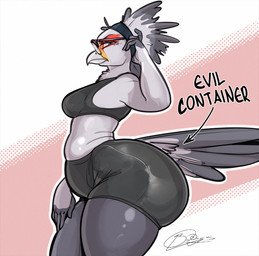accessory angry anthro big_butt bottomwear bra breasts butt clothing curvy_figure eyewear feathers female glasses grey_body grey_feathers headband huge_butt mature_anthro mature_female non-mammal_breasts shorts slightly_chubby solo spandex spandex_shorts sports_bra tail tail_feathers text thick_thighs tight_bottomwear tight_clothing tight_shorts underwear voluptuous voluptuous_anthro voluptuous_female wide_hipped_anthro wide_hipped_female wide_hips bigoldoinks evil_container diane_(bigoldoinks) accipitriform avian bird secretary_bird english_text hi_res meme