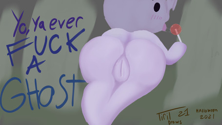 anthro blush bodily_fluids butt candy dessert female food genitals loli lollipop looking_at_viewer not_furry nude open_mouth saliva saliva_string solo text tongue tongue_out vulva young tirildraws_(artist) cartoon_network the_amazing_world_of_gumball carrie_krueger ghost humanoid mammal spirit 16:9 english_text hi_res widescreen