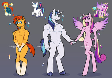 5_fingers anthro anthrofied beard blue_eyes blue_hair breasts crown duo ears_up eyewear facial_hair featureless_breasts featureless_crotch female fingers glasses grey_background group hair hand_holding headgear horn male mane multicolored_body multicolored_hair nude orange_body orange_hair pink_body pink_eyes simple_background solo tail trio white_body wings dirtygum friendship_is_magic hasbro my_little_pony mythology princess_cadance_(mlp) shining_armor_(mlp) sunburst_(mlp) equid equine mammal mythological_creature mythological_equine unicorn winged_unicorn hi_res