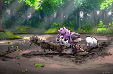 ambiguous_gender anthro breath dirty forest fur imminent_death leaf light light_beam mud mud_covered muddy onomatopoeia panting peril plant purple_body purple_fur quicksand sinking solo sound_effects sunbeam sunlight text tree colbycat tanza_(beastliercat) canid canine fox mammal 2025 digital_drawing_(artwork) digital_media_(artwork) english_description hi_res signature story story_in_description nonbinary_(lore)