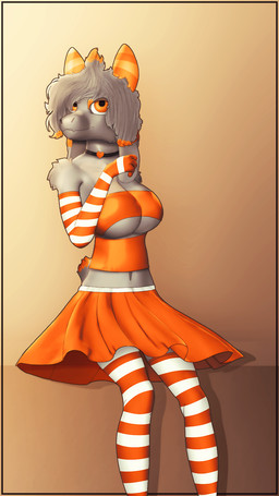 anthro armwear bottomwear breasts choker clothed clothing crop_top crossgender elbow_gloves female floppy_ears fur gloves grey_body grey_fur hair handwear heart_choker horn jewelry legwear mtf_crossgender necklace orange_armwear orange_bottomwear orange_clothing orange_crop_top orange_elbow_gloves orange_eyes orange_gloves orange_handwear orange_horn orange_shirt orange_skirt orange_topwear pattern_armwear pattern_clothing pattern_elbow_gloves pattern_gloves pattern_handwear pattern_legwear pattern_thigh_highs shirt sitting skirt solo striped_armwear striped_clothing striped_elbow_gloves striped_gloves striped_handwear striped_legwear striped_thigh_highs stripes thigh_highs topwear under_boob conditional_dnp gusta gusta_(gusta) bovid caprine goat mammal 9:16 hi_res