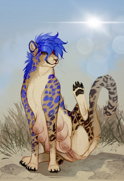 animal_genitalia animal_vulva black_spots blue_hair blue_spots claws feline_genitalia feline_vulva female female_feral feral fur genitals grass hair multi_teat nipples outside paws plant pose presenting presenting_vulva quadruped raised_leg sitting solo spots sun teats vulva whiskers yellow_body yellow_fur deadfingers bluebonnet cheetah felid feline mammal hi_res pinup
