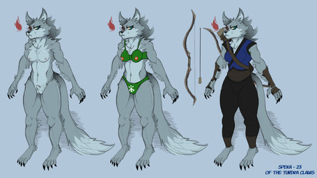 anthro areola barefoot black_eyes black_nails blue_clothing blue_eyes blue_topwear bottomwear bra breasts brown_bottomwear brown_clothing brown_pants clothed clothing colored_nails dipstick_tail eye_tattoo eyelashes facial_tattoo feet female front_view fur genitals green_bra green_clothing green_panties green_underwear grey_background grey_body grey_fur jewelry markings nails navel nipples nude off/on panties pants pendant pink_areola pink_nipples simple_background small_breasts solo tail tail_markings tattoo thick_thighs topwear underwear vulva wide_hips nagibator canid canine canis mammal wolf hi_res