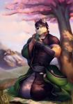 2019 absurd_res anthro canid canine clothed clothing detailed_background digital_media_(artwork) fur heterochromia hi_res looking_at_viewer male mammal mountain plant raytig12 sky solo tree