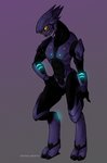 armor breasts claws fangs female grey_body headgear helmet open_mouth simple_background solo teeth yellow_eyes derelict deromofo halo_(series) microsoft xbox_game_studios fan_character alien humanoid sangheili