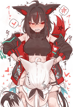 accessory ahoge angry animal_ears black_clothing black_coat black_crop_top black_hair black_shirt black_topwear blush breasts clothed clothing coat colored_nails crop_top ear_piercing ear_ring female fluffy_ears hair hair_accessory hair_between_eyes heart_symbol long_hair looking_away medium_breasts multicolored_clothing multicolored_coat multicolored_hair multicolored_topwear nails nipple_outline open_clothing oral_only piercing rear_view red_clothing red_coat red_eyes red_nails red_topwear ribbons ring_piercing shaking sharp_teeth shirt short_hair simple_background teeth topwear trembling two_tone_clothing two_tone_coat two_tone_tail two_tone_topwear wet white_background white_hair white_sleeves shiroi_yoru hololive vtuber kurokami_fubuki shirakami_fubuki animal_humanoid canid canid_humanoid canine canine_humanoid fox_humanoid humanoid mammal mammal_humanoid hi_res