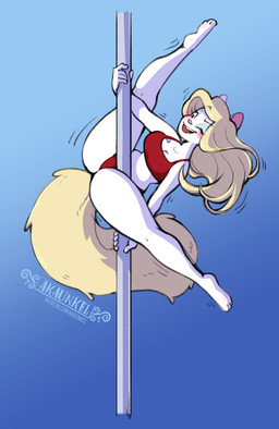 5_fingers anthro barefoot biped blonde_hair blue_background blue_eyeshadow blush bra breasts cleavage clothed clothing dancing eyeshadow feet female fingers gradient_background hair long_hair makeup motion_lines one_eye_closed panties pink_nose plantar_flexion pole pole_dancing red_bra red_clothing red_panties red_underwear simple_background solo stripper_pole tail text toony training_bra underwear underwear_only yellow_tail akaunkel animaniacs warner_brothers minerva_mink mammal mink mustelid musteline true_musteline artist_name digital_media_(artwork) full-length_portrait hi_res portrait shaded