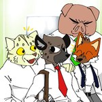 anthro brown_body brown_fur clothing dress_shirt eyes_closed fur group happy male necktie orange_body orange_fur pink_body satchel shirt topwear yellow_eyes yellow_sclera pb-art aggretsuko netflix sanrio director_ton haida_(aggretsuko) manumaru ookami_(aggretsuko) bovid canid canine domestic_pig felid feline hyena mammal maned_wolf pallas's_cat spotted_hyena suid suine sus_(pig) 1:1 colored